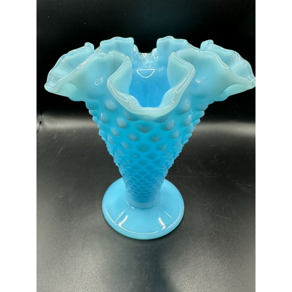 Vintage Fenton Turquoise Pastel Blue Double Crimped Footed Hobnail Trumpet Vase